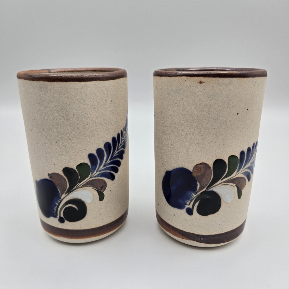 Tonala Mexican Sandstone Pottery Folk Art Handpainted Set Of 2 Cups Tumblers